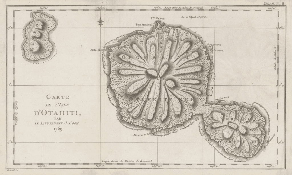 Carte de l'île d'Otahiti — Édition française du relevé cartographique majeur réalisé par James Cook lors de son premier voyage à bord du H.M.S.  Endeavour en 1769 - Source: The Map House - Tahiti Tourist Guide 